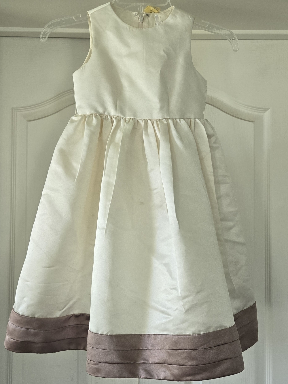 Classic Cream Satin Girls' Dress with Taupe Hem